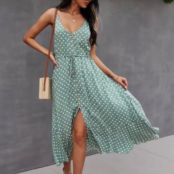 Boho polka dots  button up v neck tie polka dot dress - Picture 5 of 15